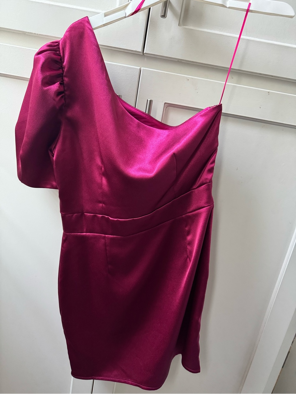 One-Shoulder Satin Cocktail Dress in Magenta